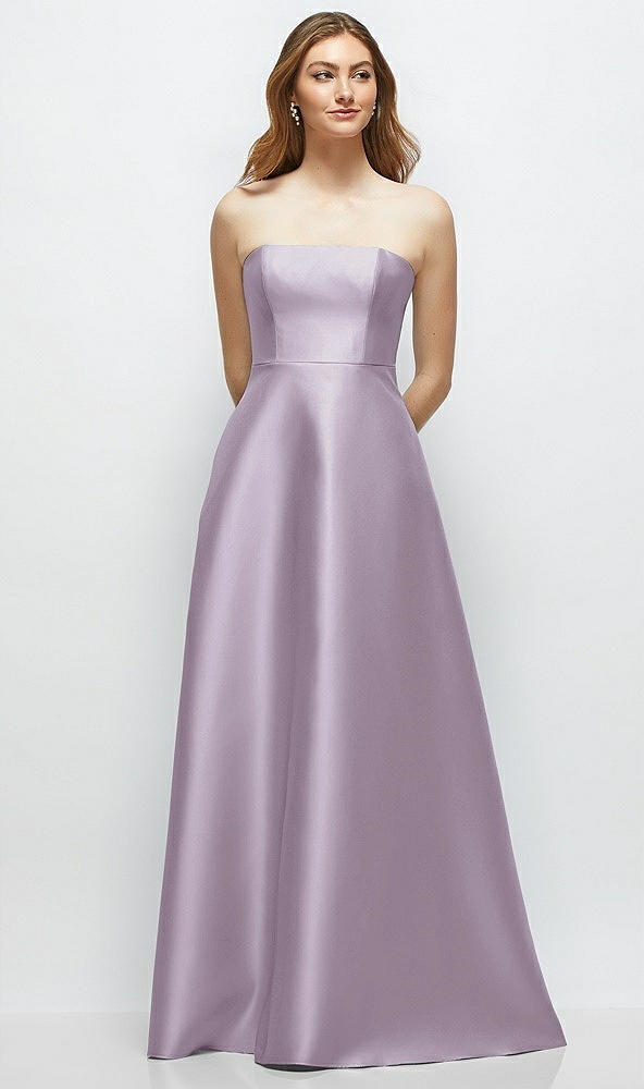 Front View - Lilac Haze Strapless Satin Gown with Full Skirt and Covered Buttons at Back