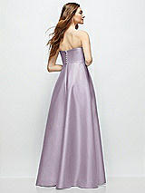 Rear View Thumbnail - Lilac Haze Strapless Satin Gown with Full Skirt and Covered Buttons at Back