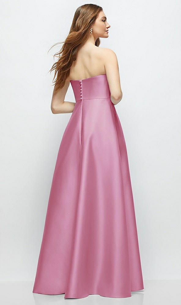 Back View - Powder Pink Strapless Satin Gown with Full Skirt and Covered Buttons at Back