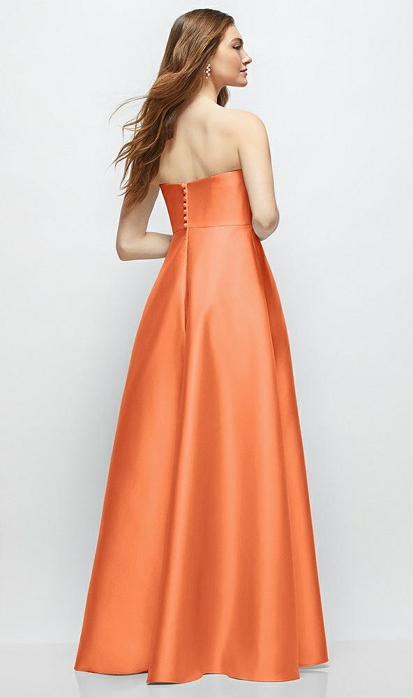Back View - Portofino Orange Strapless Satin Gown with Full Skirt and Covered Buttons at Back