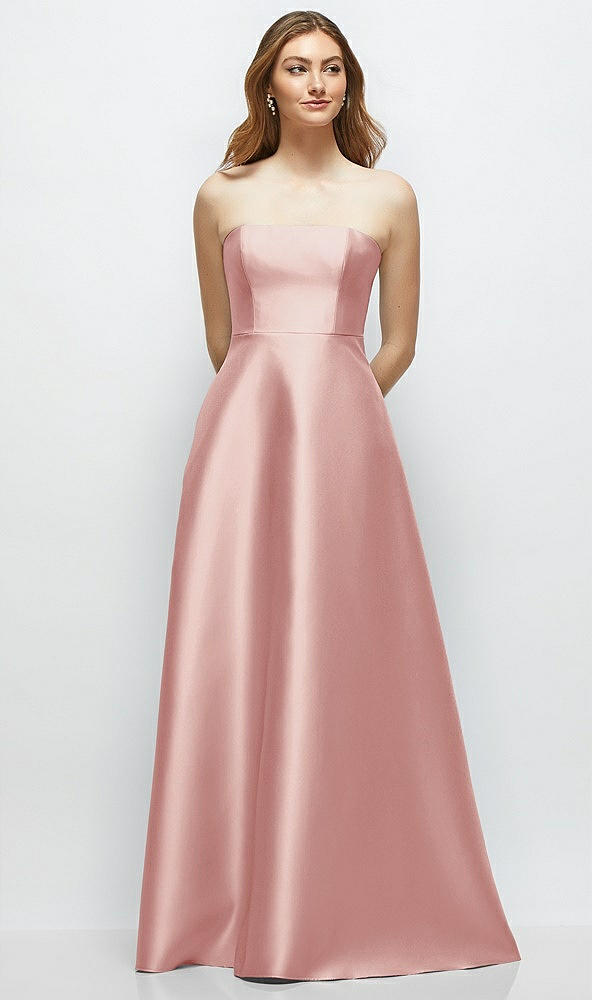 Front View - Rose Strapless Satin Gown with Full Skirt and Covered Buttons at Back