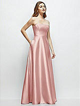 Side View Thumbnail - Rose Strapless Satin Gown with Full Skirt and Covered Buttons at Back