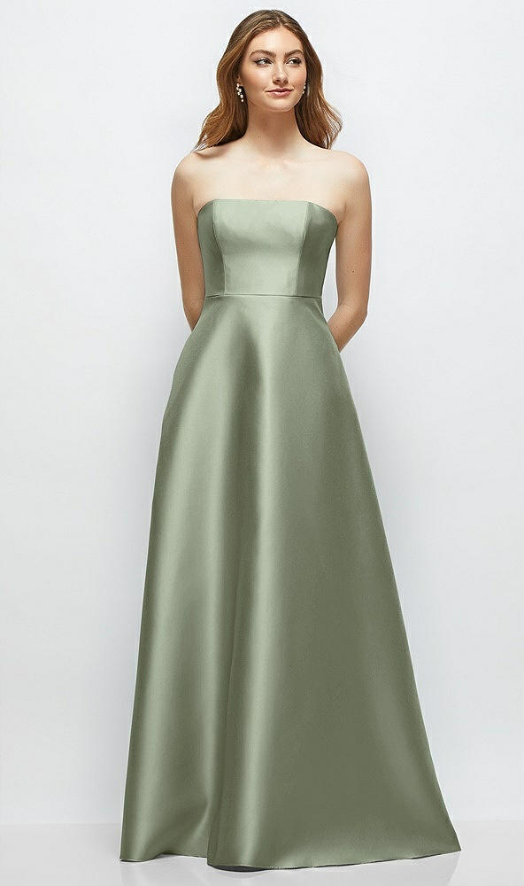 Front View - Sage Strapless Satin Gown with Full Skirt and Covered Buttons at Back