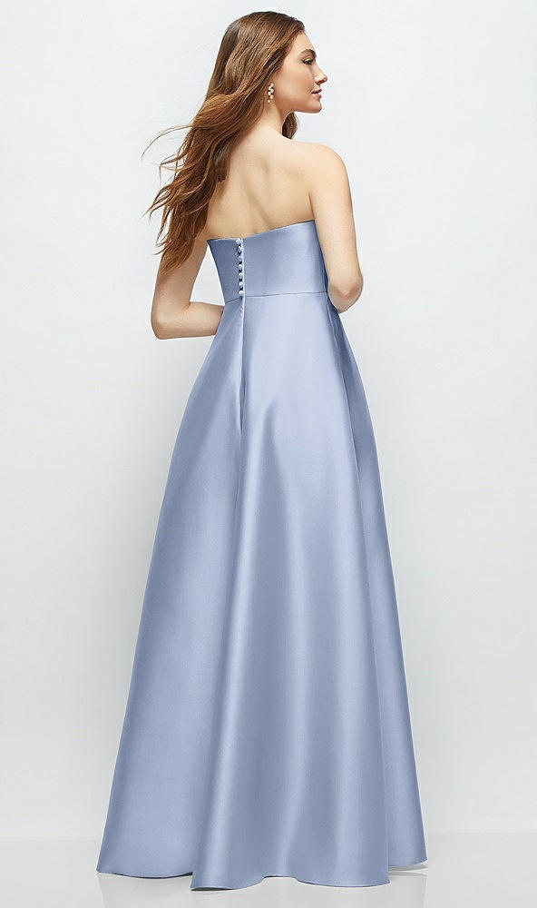 Back View - Sky Blue Strapless Satin Gown with Full Skirt and Covered Buttons at Back