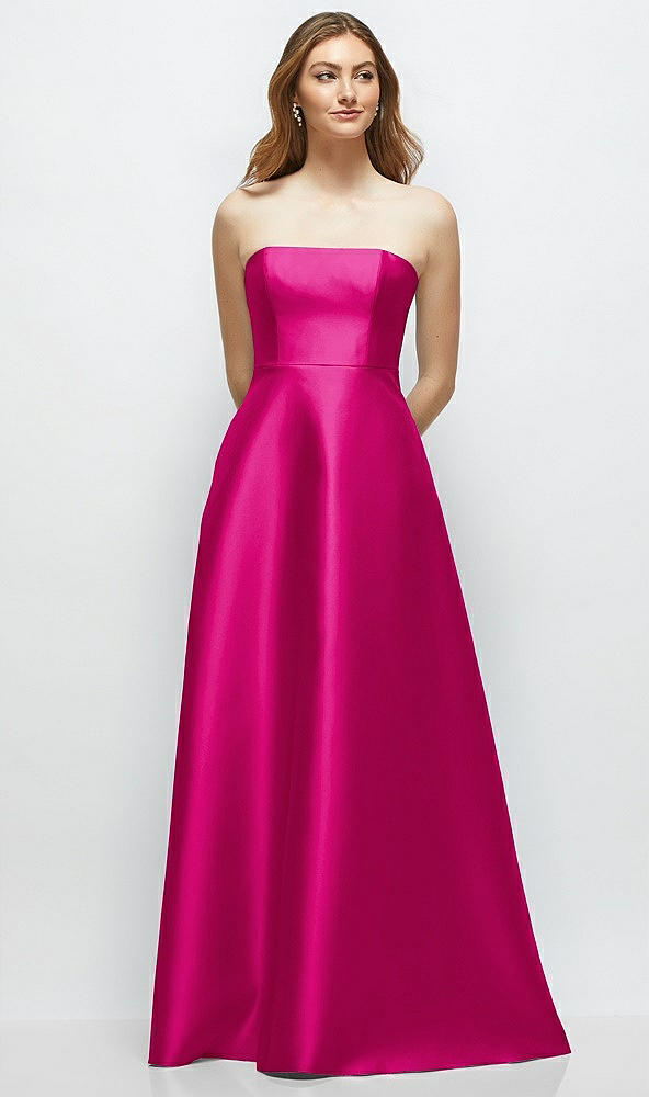 Front View - Think Pink Strapless Satin Gown with Full Skirt and Covered Buttons at Back