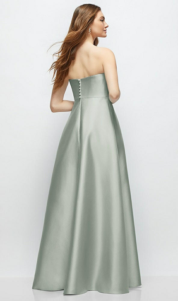 Back View - Willow Green Strapless Satin Gown with Full Skirt and Covered Buttons at Back