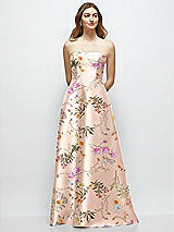 Front View Thumbnail - Butterfly Botanica Pink Sand Strapless Floral Satin Gown with Full Skirt and Covered Buttons at Back