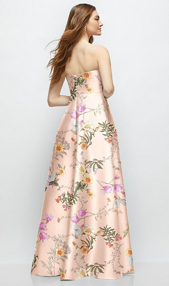 Back View - Butterfly Botanica Pink Sand Strapless Floral Satin Gown with Full Skirt and Covered Buttons at Back