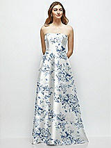Front View Thumbnail - Cottage Rose Larkspur Strapless Floral Satin Gown with Full Skirt and Covered Buttons at Back