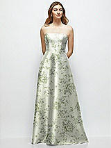 Front View Thumbnail - Sage Cottage Rose Strapless Floral Satin Gown with Full Skirt and Covered Buttons at Back