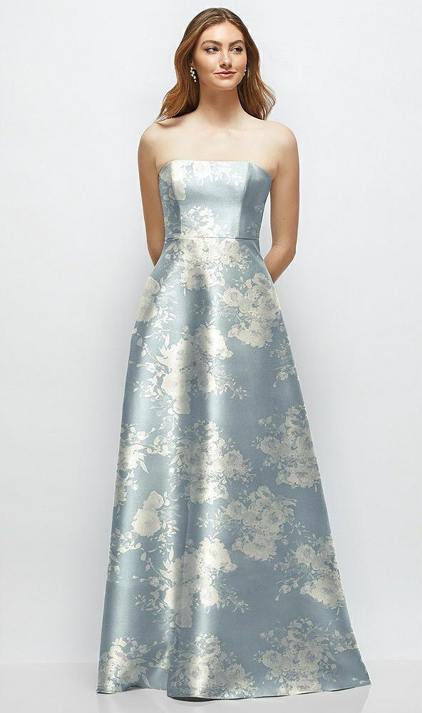 Front View - Porcelain Blue Seraphina Floral Strapless Floral Satin Gown with Full Skirt and Covered Buttons at Back
