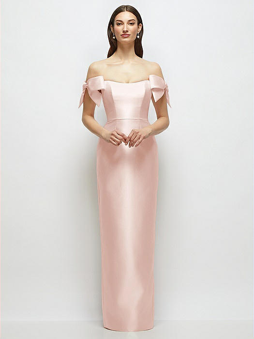 Basque-Neck Satin Column Maxi Dress with Off-the-Shoulder Bows