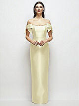 Front View Thumbnail - Butter Yellow Basque-Neck Satin Column Maxi Dress with Off-the-Shoulder Bows