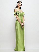 Side View Thumbnail - Mojito Basque-Neck Satin Column Maxi Dress with Off-the-Shoulder Bows