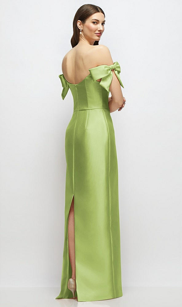 Back View - Mojito Basque-Neck Satin Column Maxi Dress with Off-the-Shoulder Bows