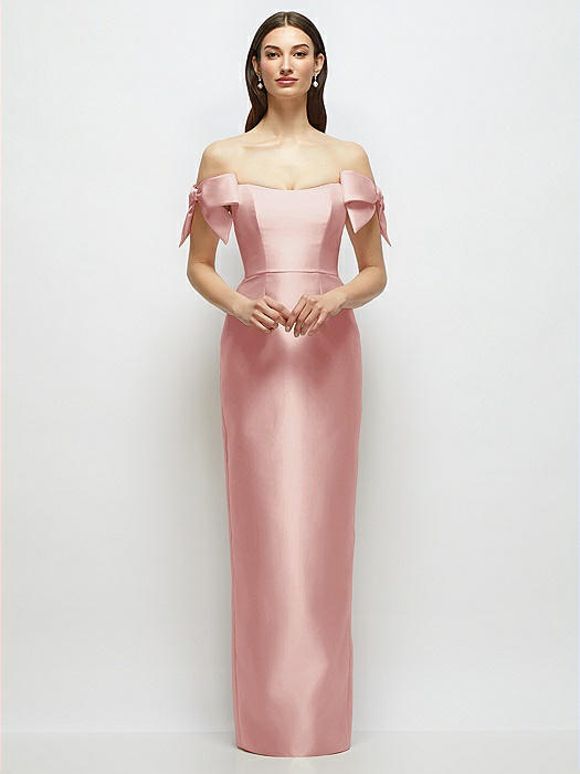 Basque-Neck Satin Column Maxi Dress with Off-the-Shoulder Bows