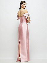 Rear View Thumbnail - Ballet Pink Basque-Neck Satin Column Maxi Dress with Off-the-Shoulder Bows