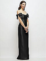 Side View Thumbnail - Black Basque-Neck Satin Column Maxi Dress with Off-the-Shoulder Bows