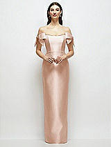 Front View Thumbnail - Cameo Basque-Neck Satin Column Maxi Dress with Off-the-Shoulder Bows