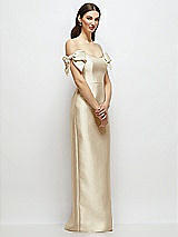 Side View Thumbnail - Champagne Basque-Neck Satin Column Maxi Dress with Off-the-Shoulder Bows