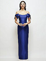 Front View Thumbnail - Cobalt Blue Basque-Neck Satin Column Maxi Dress with Off-the-Shoulder Bows