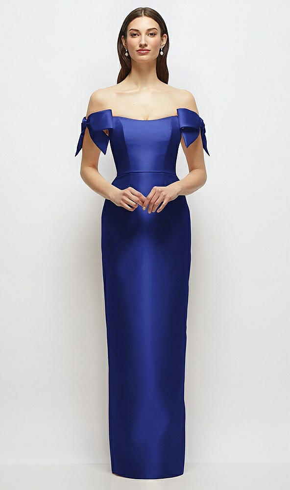Front View - Cobalt Blue Basque-Neck Satin Column Maxi Dress with Off-the-Shoulder Bows