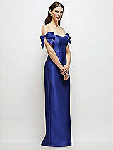 Side View Thumbnail - Cobalt Blue Basque-Neck Satin Column Maxi Dress with Off-the-Shoulder Bows