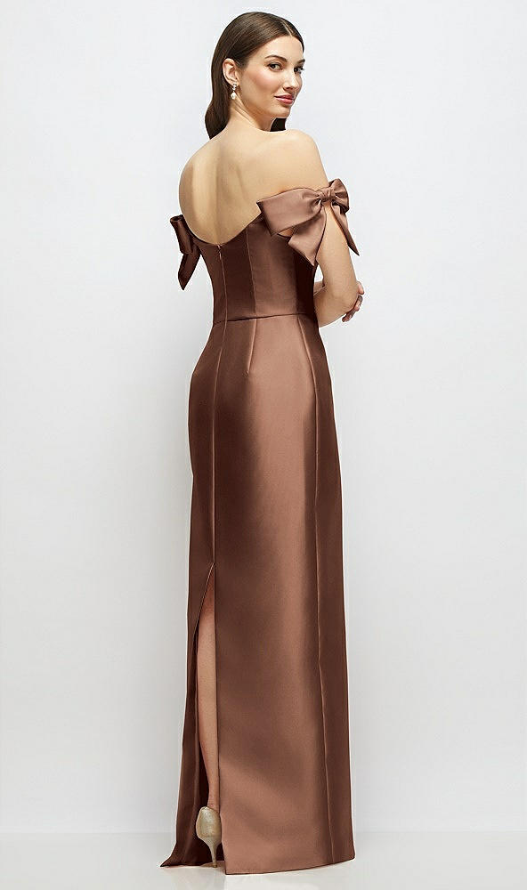 Back View - Cognac Basque-Neck Satin Column Maxi Dress with Off-the-Shoulder Bows