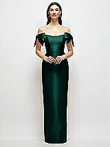 Front View Thumbnail - Evergreen Basque-Neck Satin Column Maxi Dress with Off-the-Shoulder Bows