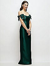 Side View Thumbnail - Evergreen Basque-Neck Satin Column Maxi Dress with Off-the-Shoulder Bows