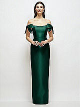 Front View Thumbnail - Hunter Green Basque-Neck Satin Column Maxi Dress with Off-the-Shoulder Bows