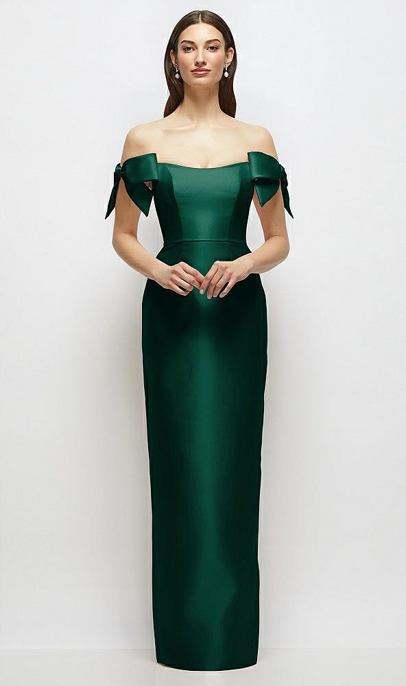 Front View - Hunter Green Basque-Neck Satin Column Maxi Dress with Off-the-Shoulder Bows