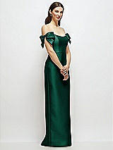 Side View Thumbnail - Hunter Green Basque-Neck Satin Column Maxi Dress with Off-the-Shoulder Bows