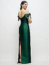 Rear View Thumbnail - Hunter Green Basque-Neck Satin Column Maxi Dress with Off-the-Shoulder Bows