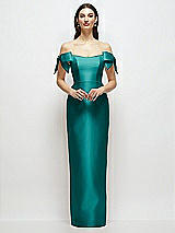 Front View Thumbnail - Jade Basque-Neck Satin Column Maxi Dress with Off-the-Shoulder Bows