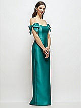 Side View Thumbnail - Jade Basque-Neck Satin Column Maxi Dress with Off-the-Shoulder Bows