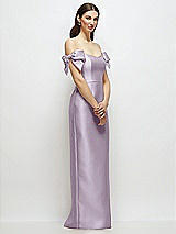 Side View Thumbnail - Lilac Haze Basque-Neck Satin Column Maxi Dress with Off-the-Shoulder Bows