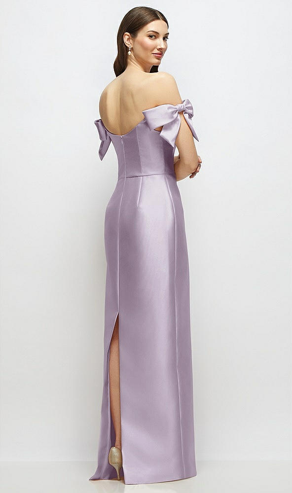 Back View - Lilac Haze Basque-Neck Satin Column Maxi Dress with Off-the-Shoulder Bows
