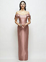 Front View Thumbnail - Neu Nude Basque-Neck Satin Column Maxi Dress with Off-the-Shoulder Bows