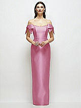 Front View Thumbnail - Powder Pink Basque-Neck Satin Column Maxi Dress with Off-the-Shoulder Bows