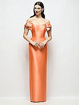 Front View Thumbnail - Portofino Orange Basque-Neck Satin Column Maxi Dress with Off-the-Shoulder Bows