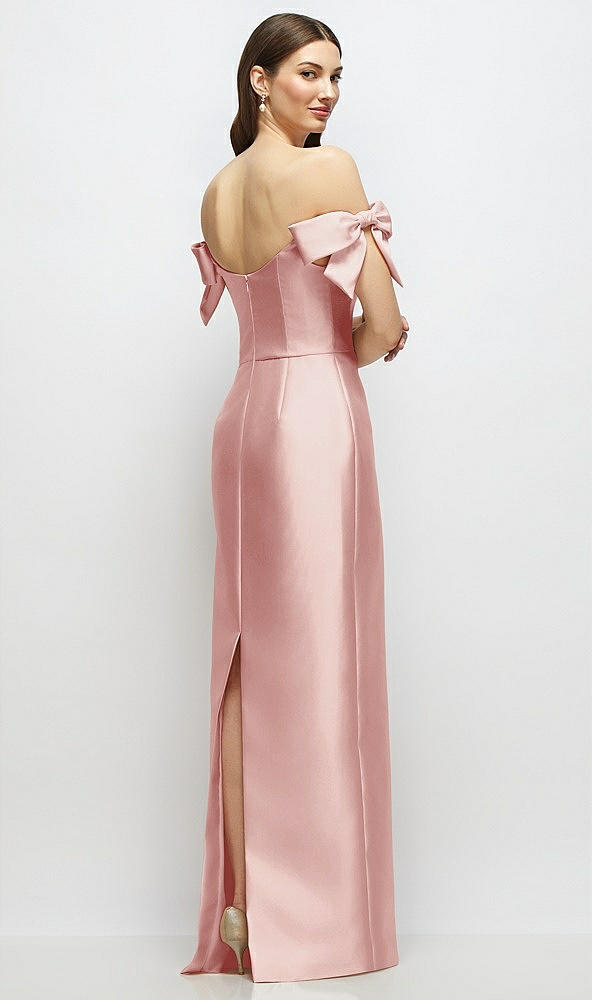 Back View - Rose Basque-Neck Satin Column Maxi Dress with Off-the-Shoulder Bows
