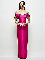 Front View Thumbnail - Think Pink Basque-Neck Satin Column Maxi Dress with Off-the-Shoulder Bows