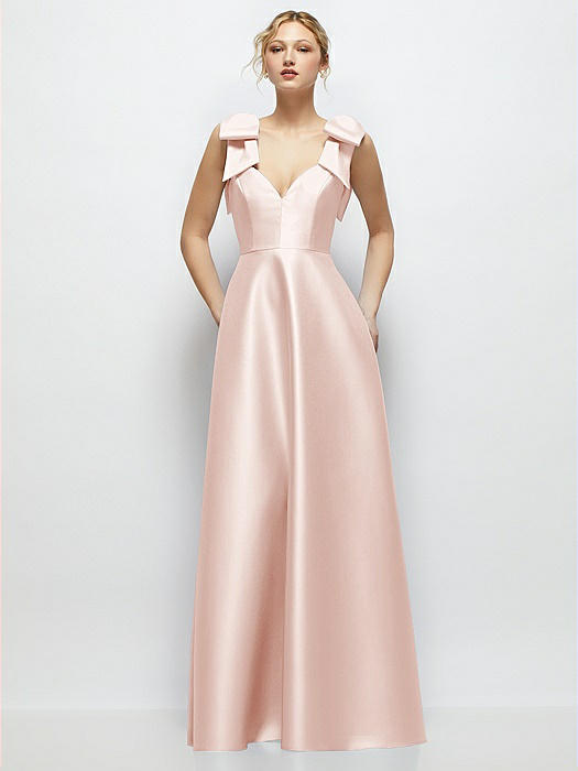 Deep V-Neck Satin Ball Gown with Shoulder Bows