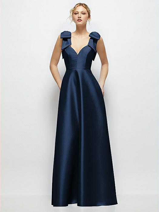 Deep V-Neck Satin Ball Gown with Shoulder Bows