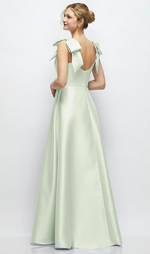 Back View - Mint Green Deep V-Neck Satin Ball Gown with Shoulder Bows