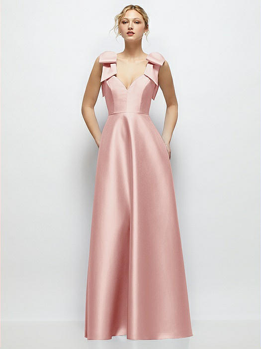 Deep V-Neck Satin Ball Gown with Shoulder Bows