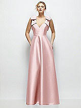 Front View Thumbnail - Ballet Pink Deep V-Neck Satin Ball Gown with Shoulder Bows