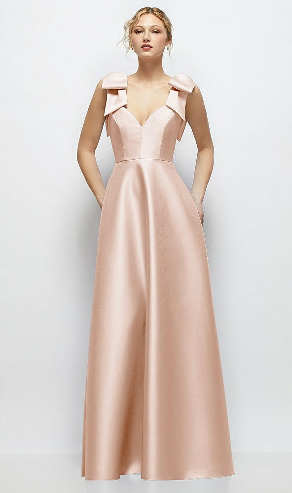 Front View - Cameo Deep V-Neck Satin Ball Gown with Shoulder Bows