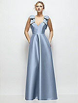 Front View Thumbnail - Cloudy Deep V-Neck Satin Ball Gown with Shoulder Bows